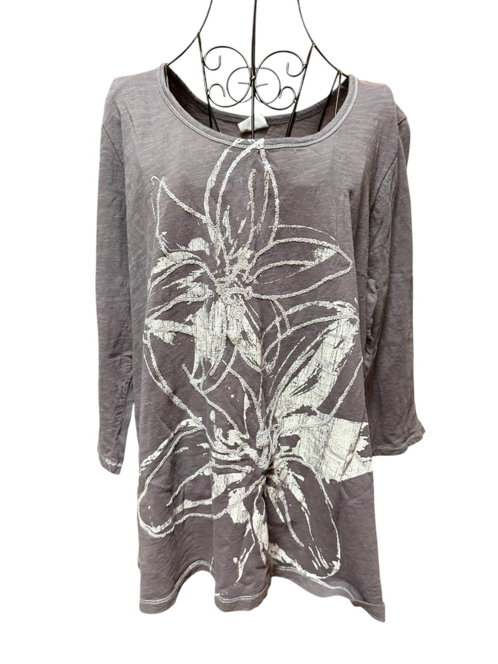 Women’s 100% Cotton Boho Gray Floral Print Scoop Neck Top 14/16